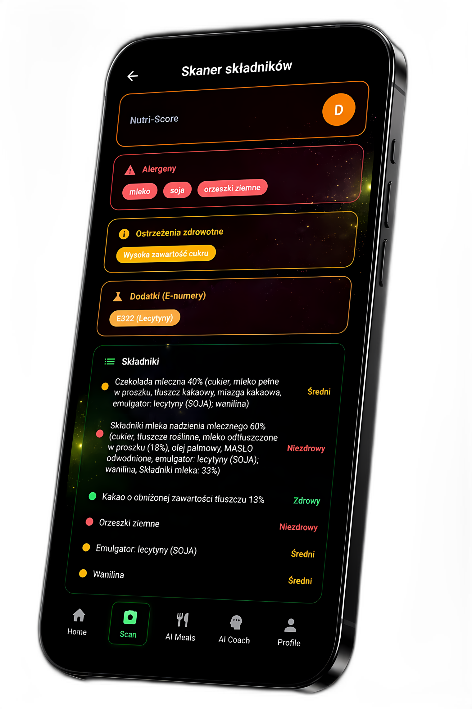 FitHamAI ingredient scanner highlighting allergens, E-numbers and additives, with NutriScore rating
